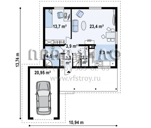 Проект каменного одноэтажного мансардного дома с деревянной отделкой фасадов s3-134-4 (Z39 B GF lk)