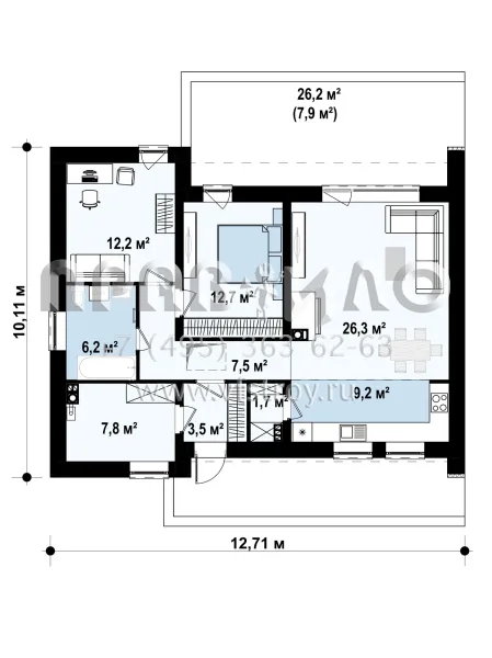 Проект бунгало с двускатной крышей    S3-87-1 (Z261)
