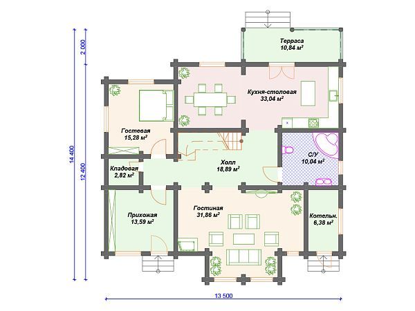 Проект деревянного дома из бревна 12 на 13 м с 3 спальнями S4-220 (ДО-017)