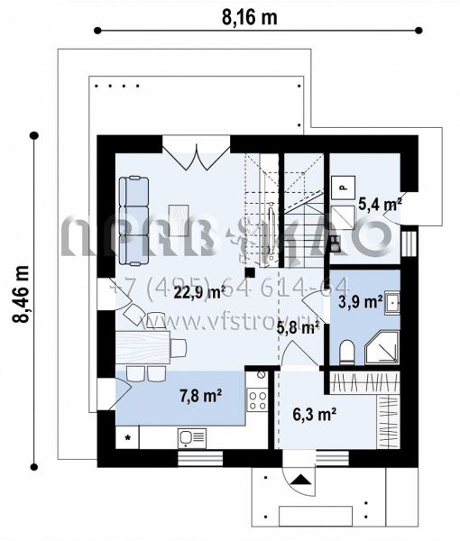 Проект компактного, квадратного в плане двухэтажного дома с четырьмя комнатами S3-99-6 (Z437)