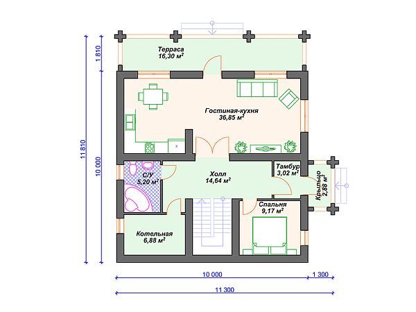 Проект комбинированного дома с мансардой, 4 спальнями и террасой S4-173 (А-038)