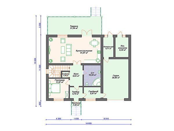 Проект дома с мансардой, 4 спальнями и гаражом. S4-247 (К-356)