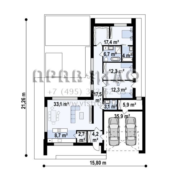 Проект одноэтажного дома с центральным размещением дневной зоны и гаражом s3-160 (Z566)