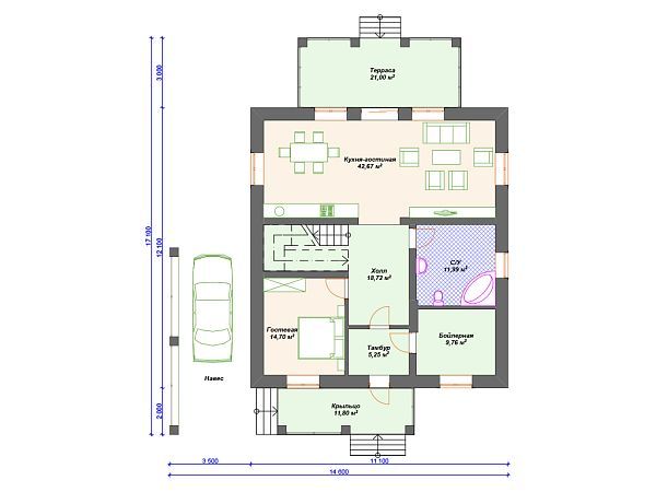 Проект каменного дома с 3 спальнями и навесом для машины S4-251 (К-260)