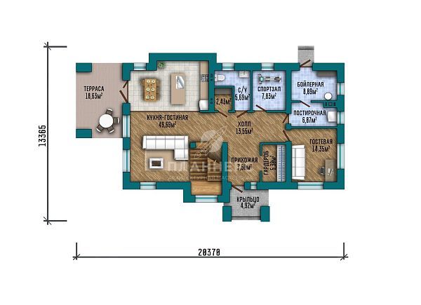 Проект двухэтажного дома в стиле Райта с крытой террасой, многоскатной крышей и комбинированным фасадом из кирпича и планкена S2-201 (447-202-2)