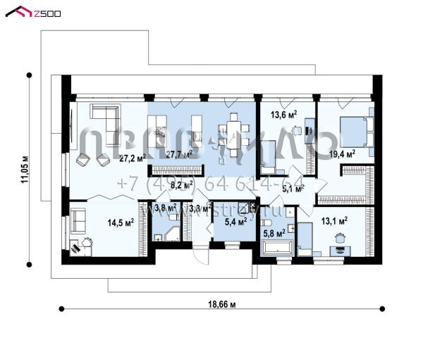Проект современного одноэтажного дома с панорамными окнами S3-148-1 (Z518)