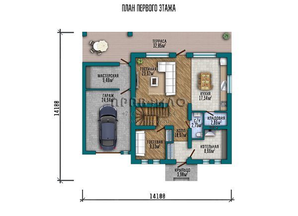 Проект двухэтажного дома с двускатной крышей и пристроенным сбоку гаражом S2-220 (188-220-2Г)