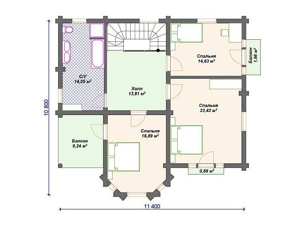 Проект деревянного дома из бревна 11 на 11 м с 3 спальнями и эркером S4-192 (ДО-127)