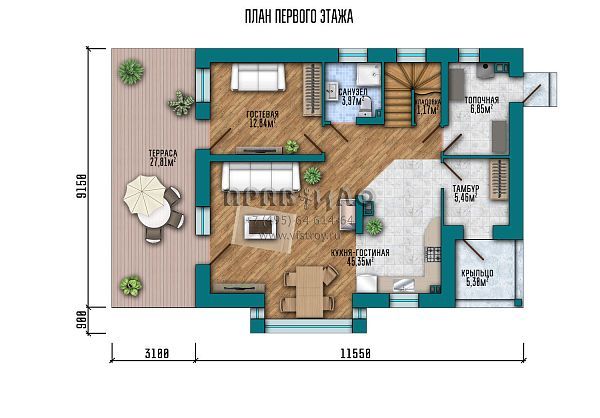 Проект стильного одноэтажного дома с эркером, мансардой, балконом и террасой S2-170 (035-170-1М)