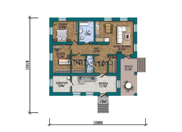 Проект одноэтажного дома с комбинированной отделкой фасадов кирпичом разных тонов S2-168 (345-168-1)