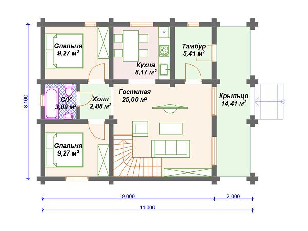 Проект деревянного дома из бревна 8 на 9 м с мансардой S4-154 (ДО-004)