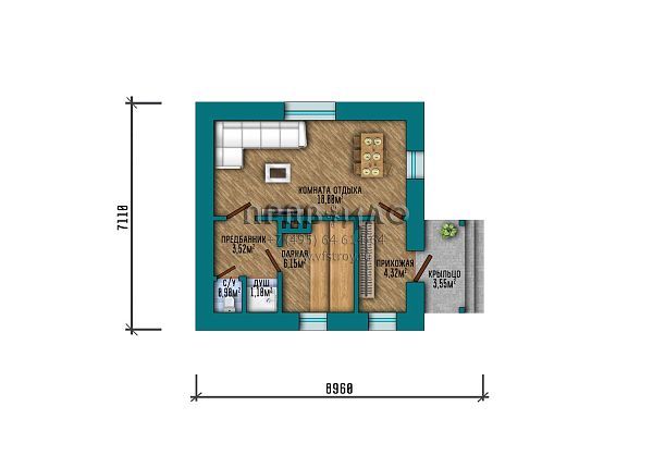 Проект компактной одноэтажной бани в классическом стиле с большой комнатой отдыха S2-36 (301-48-1)