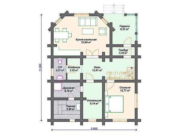 Проект деревянного дома из бревна 9 на 11 м с 3 спальнями и эркером S4-134 (ДО-105)