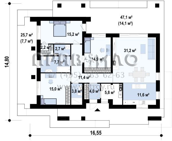 Проект стильного одноэтажного дома с просторной крытой террасой S3-125 (Z344 v1)