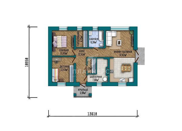 Проект компактного одноэтажного дома с террасой и вальмовой крышей S2-111 (424-111-1)