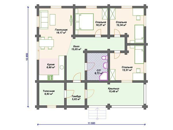 Проект деревянного дома из бревна 11 на 12 м с 3 спальнями S4-110 (ДО-141)
