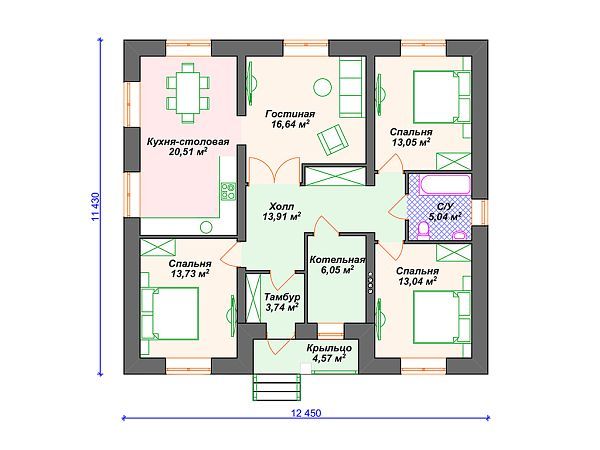 Проект одноэтажного дома с 3 спальнями S4-110 (К-376)