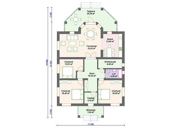 Проект каменного дома с террасой и 3 спальнями S4-155 (К-221)