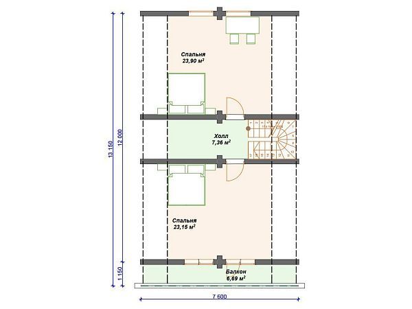Проект деревянного дома из бревна 8 на 12 м для узкого участка S4-149 (ДО-136)