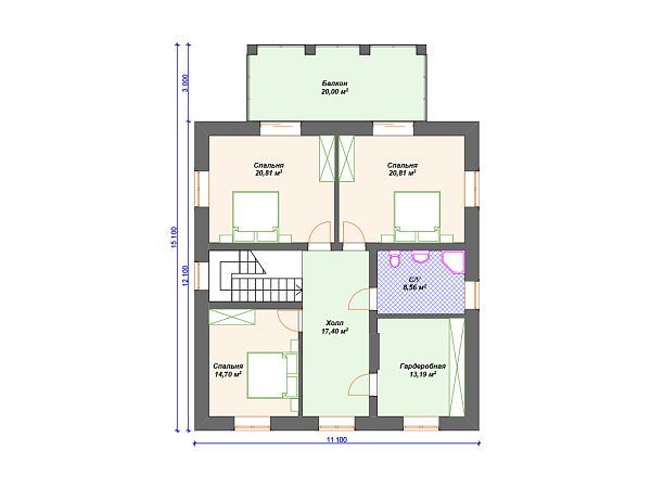 Проект каменного дома с 3 спальнями и навесом для машины S4-251 (К-260)