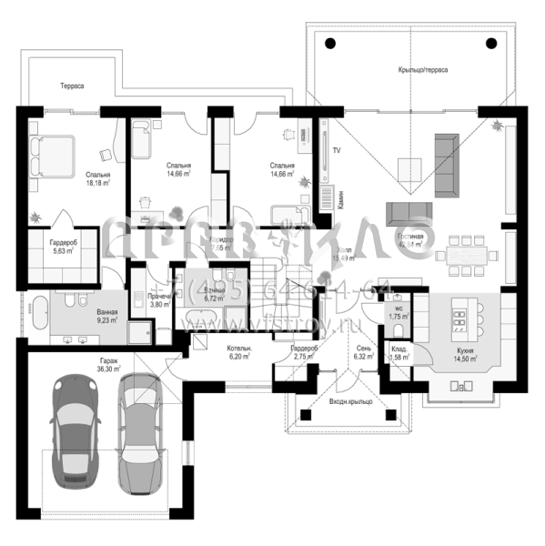 Проект современного одноэтажного дома с мансардой, камином и гаражом на два автомобиля S8-349 (Парковая Вилла 5)
