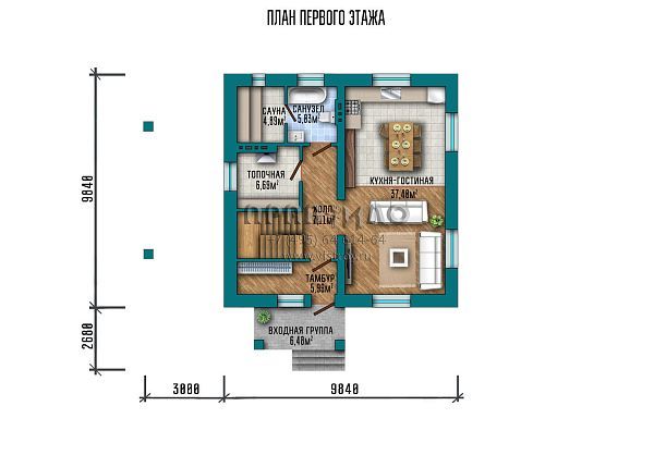 Проект компактного коттеджа под двускатной крышей с навесом для автомобиля и сауной S2-137 (079-137-1МГ)