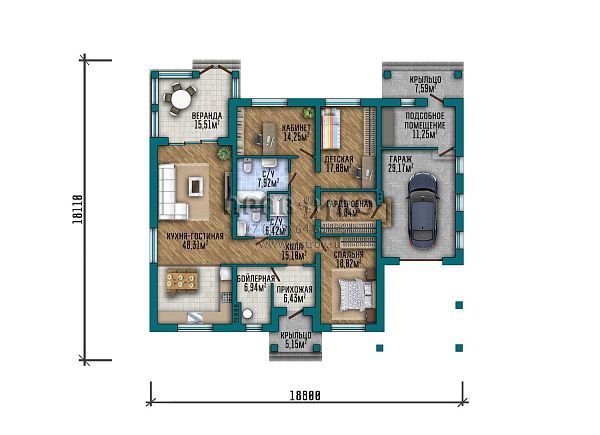 Проект большого одноэтажного дома с просторной кухней-гостиной с выходом на застекленную веранду S2-218 (361-218-1Г)