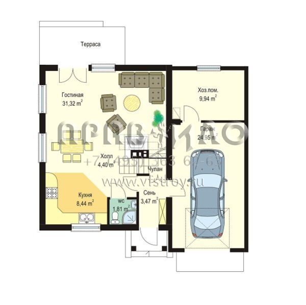Проект экономичного коттеджа с гаражом S8-145 (Д03 с гаражом)