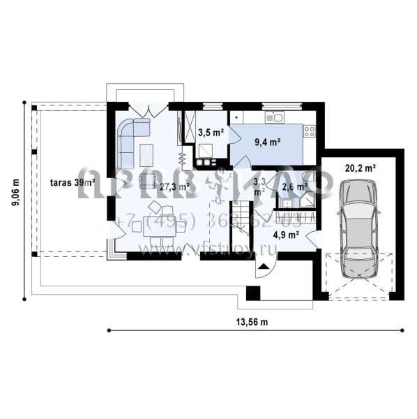 Дом с плоской кровлей и пристроенным гаражом  S3-125 (Zx63 v2)