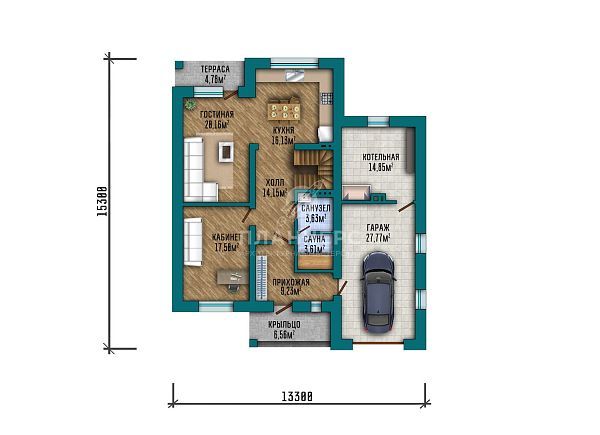 Проект двухэтажного дома с пристроенным гаражом на 1 автомобиль S2-222 (413-222-2Г)