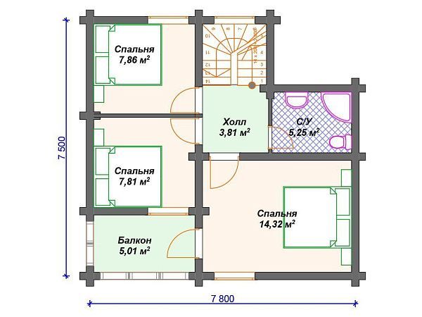 Проект деревянного дома из бревна 7 на 11 м с 3 спальнями S4-112 (ДО-055)