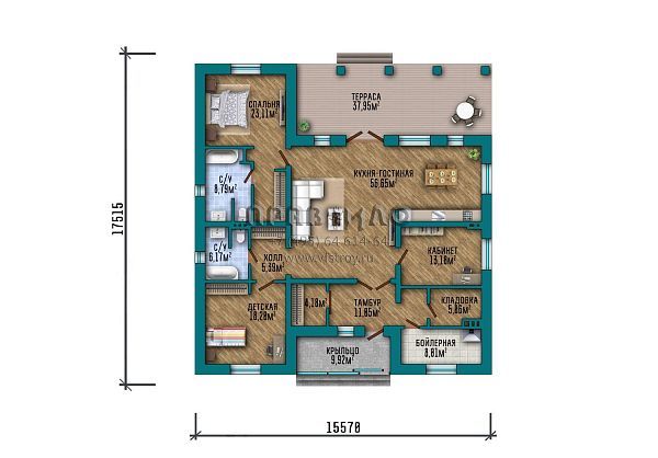 Проект большого одноэтажного дома с крытой террасой S2-208 (348-208-1)
