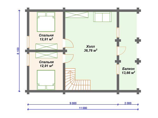 Проект деревянного дома из бревна 8 на 9 м с мансардой S4-154 (ДО-004)