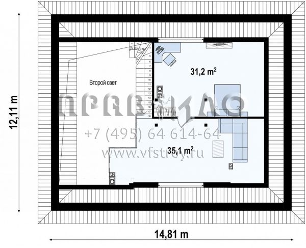 Проект современного одноэтажного дома с мансардой и вторым светом S3-197-5 (Zz230 +)