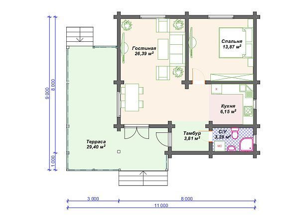 Проект деревянного одноэтажного дома с террасой S4-83 (ДС-064)
