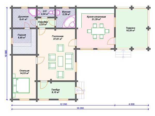 Проект одноэтажного деревянного дома с сауной и террасой S4-115 (ДС-089)