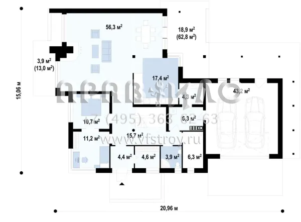 Проект коттеджа для большой семьи с гаражом на два автомобиля S3-365 (Z59)