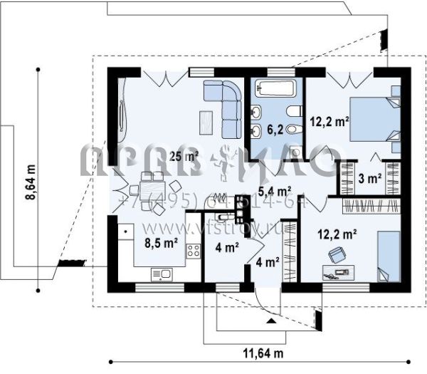 Проект одноэтажного домика для узкого участка  S3-81 (Z255_a)