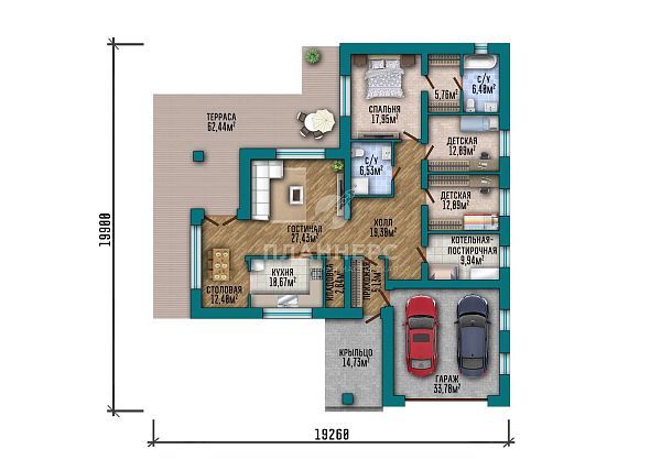 Проект одноэтажного дома с фасадом из облицовочного кирпича и планкена S2-212 (429-213-1)