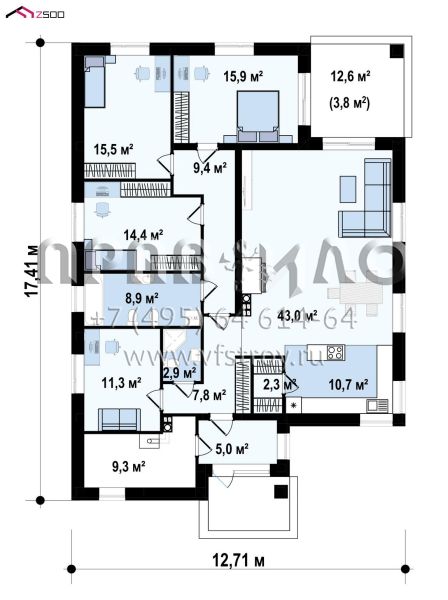 Проект одноэтажного загородного дома с пятью комнатами S3-160-3 (z195 s)