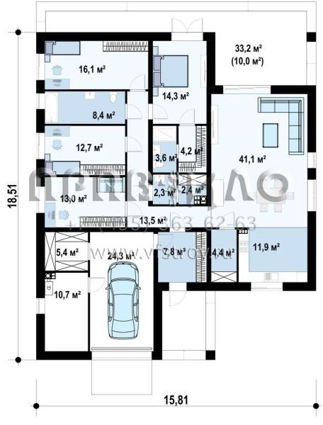 Проект одноэтажного удобного дома с гаражом S3-206 (Z379 v1)