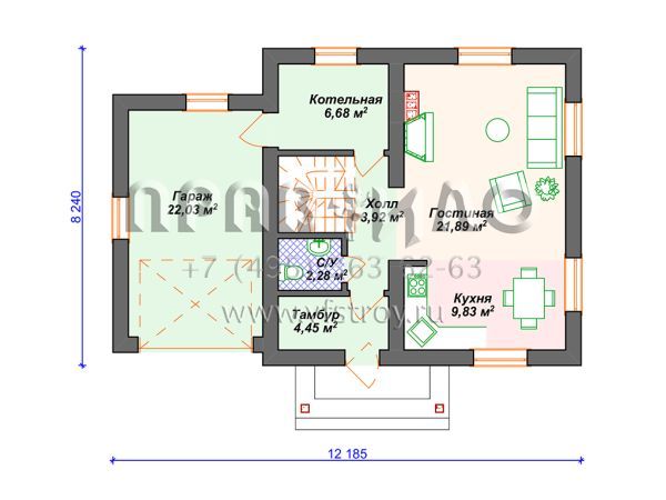 Проект дома с гаражом и 3 спальнями S4-121 (К-052)