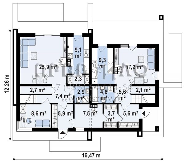 Проект стильного одноэтажного мансардного коттеджа на две семьи S3-229-1 (Z346)