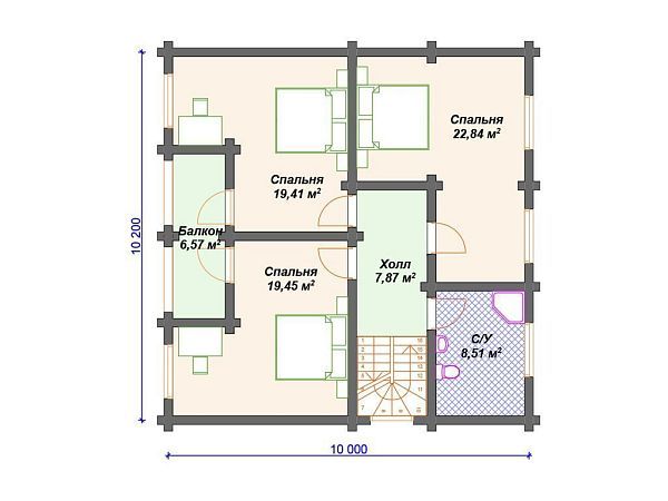 Проект деревянного дома из бревна 10 на 10 м с 3 спальнями S4-182 (ДО-137)