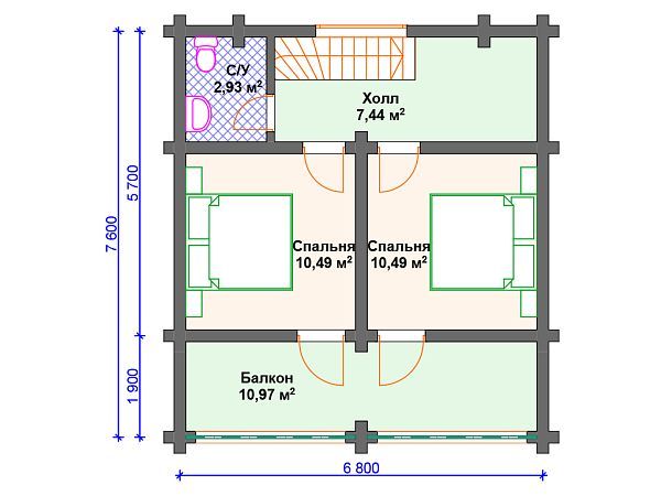Проект деревянного дома из бревна 7 на 7 м с террасой S4-88 (ДО-048)