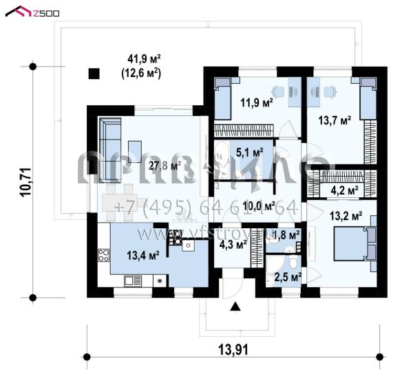 Проект четырехкомнатного одноэтажного дома с современным дизайном S3-121-2 (Z368 D S)
