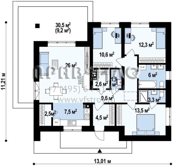 Проект одноэтажного дома небольшой площади со вторым светом над гостиной S3-100 (Z332 D v1)