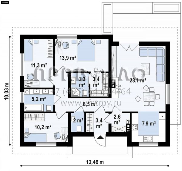 Проект одноэтажного загородного дома для семьи с двумя детьми S3-100-3 (Z334)