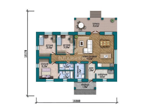 Проект с террасой и фасадом из серого кирпича S2-174 (541-174-1)