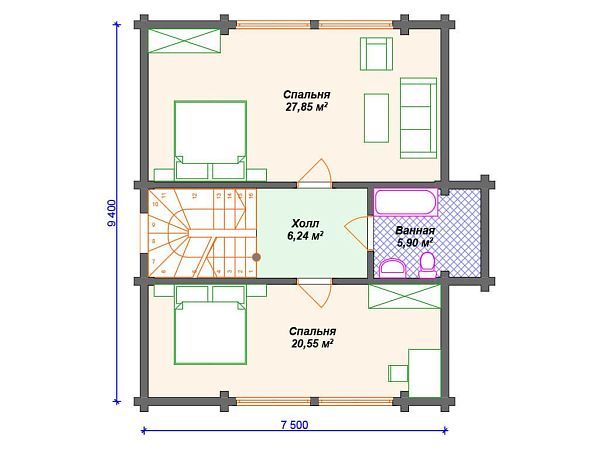 Проект деревянного дома из бревна с 3 спальнями S4-142 (ДО-149)